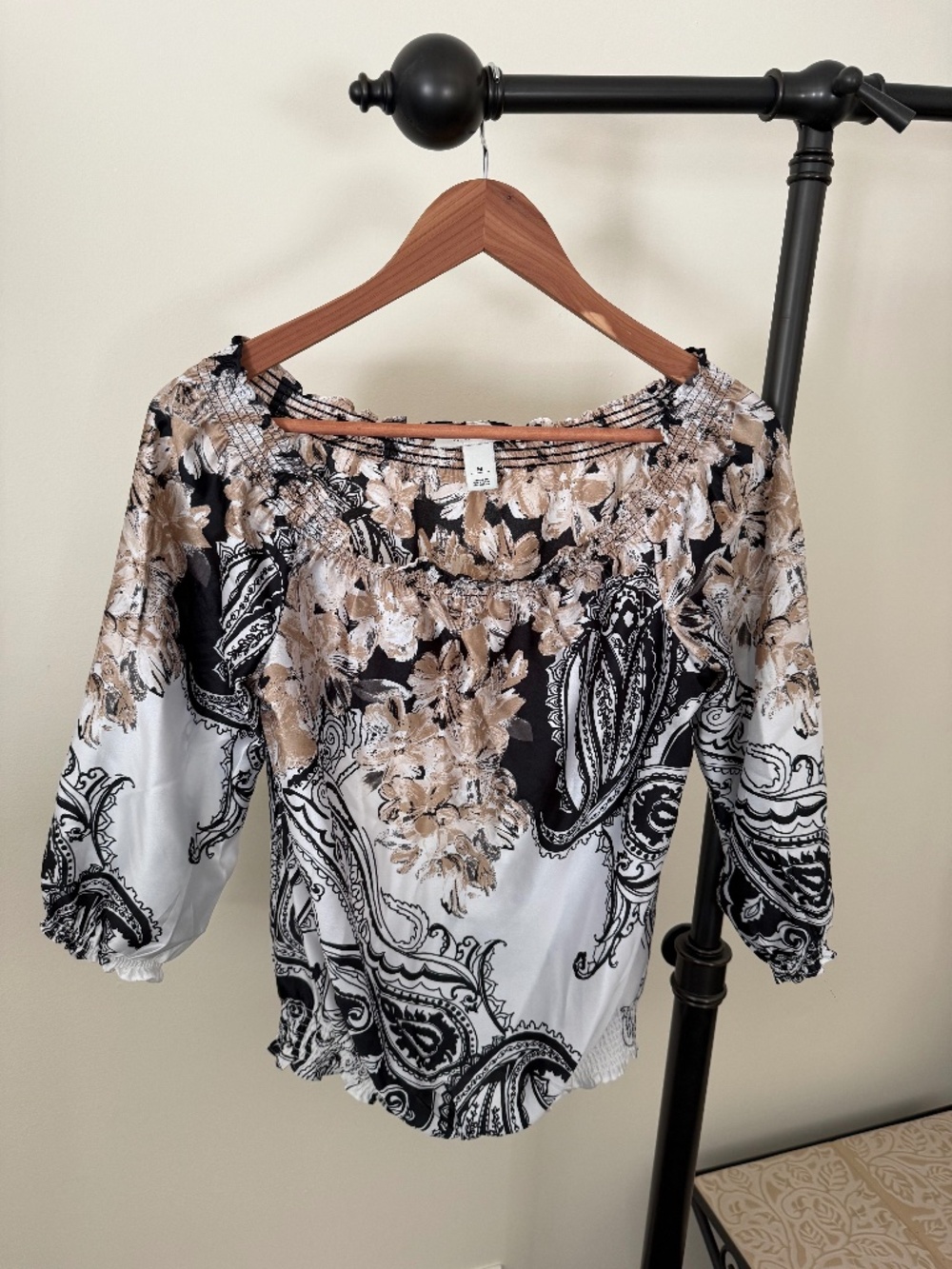 White House Black Market Paisley Smocked Off Shoulder Blouse